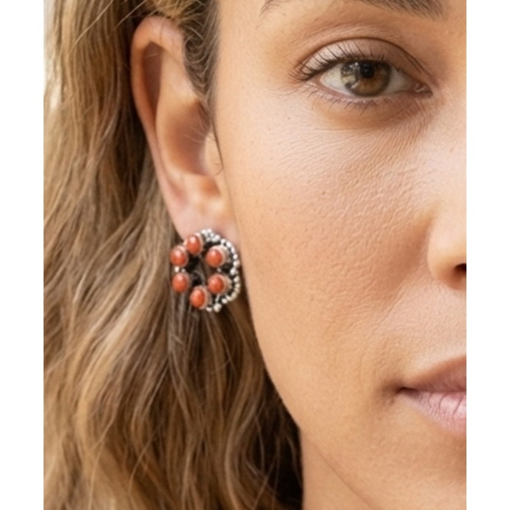 Zuni Cluster‎ Coral Earring Native American Jewelry Signed Carol Latiyice**